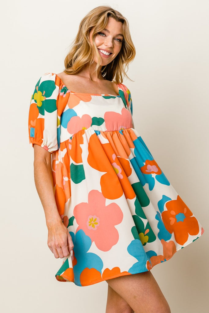 Bold Floral Puff Sleeve Mini Dress - House of Barvity