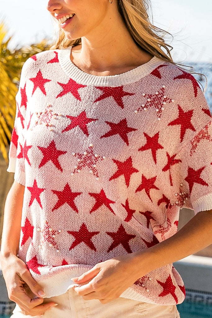 BiBi Star Pattern Round Neck Short Sleeve Knit Top - House of Barvity