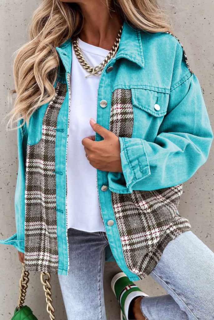 Turquoise Plaid Denim Jacket - House of Barvity