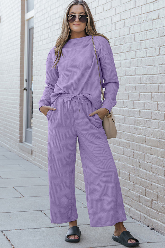 Double Take Full Size Textured Long Sleeve Top and Drawstring Pants Set - House of Barvity