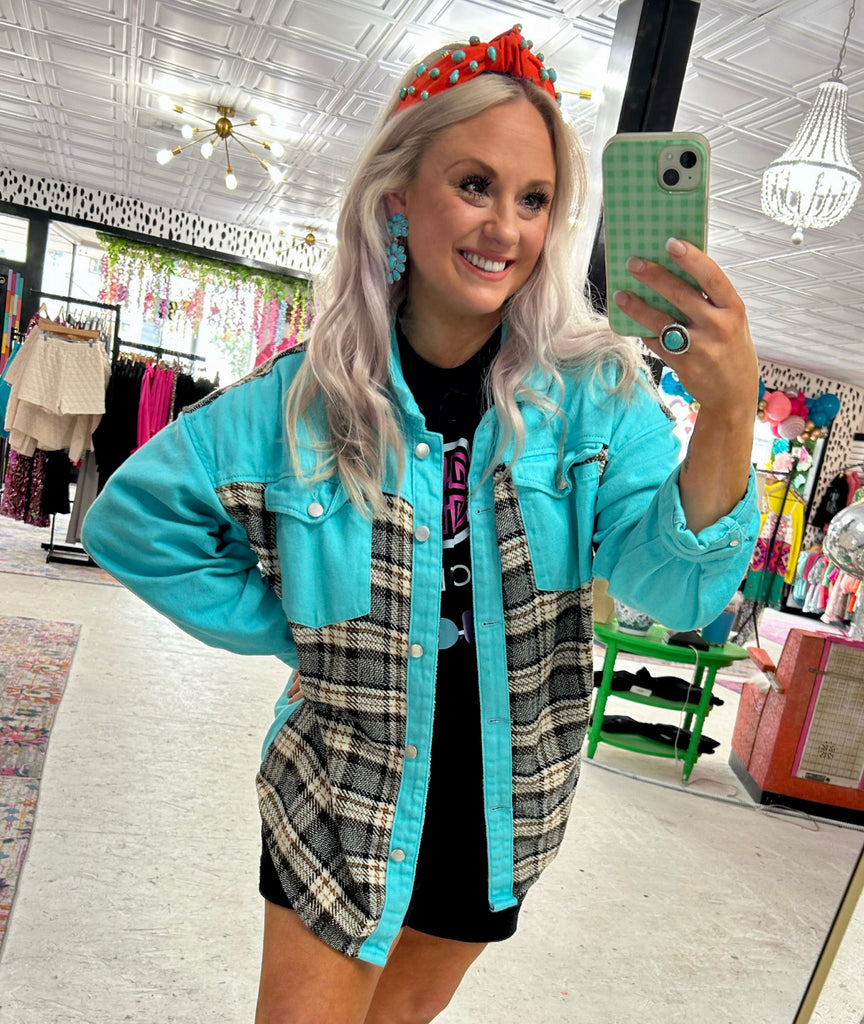 Turquoise Plaid Denim Jacket - House of Barvity