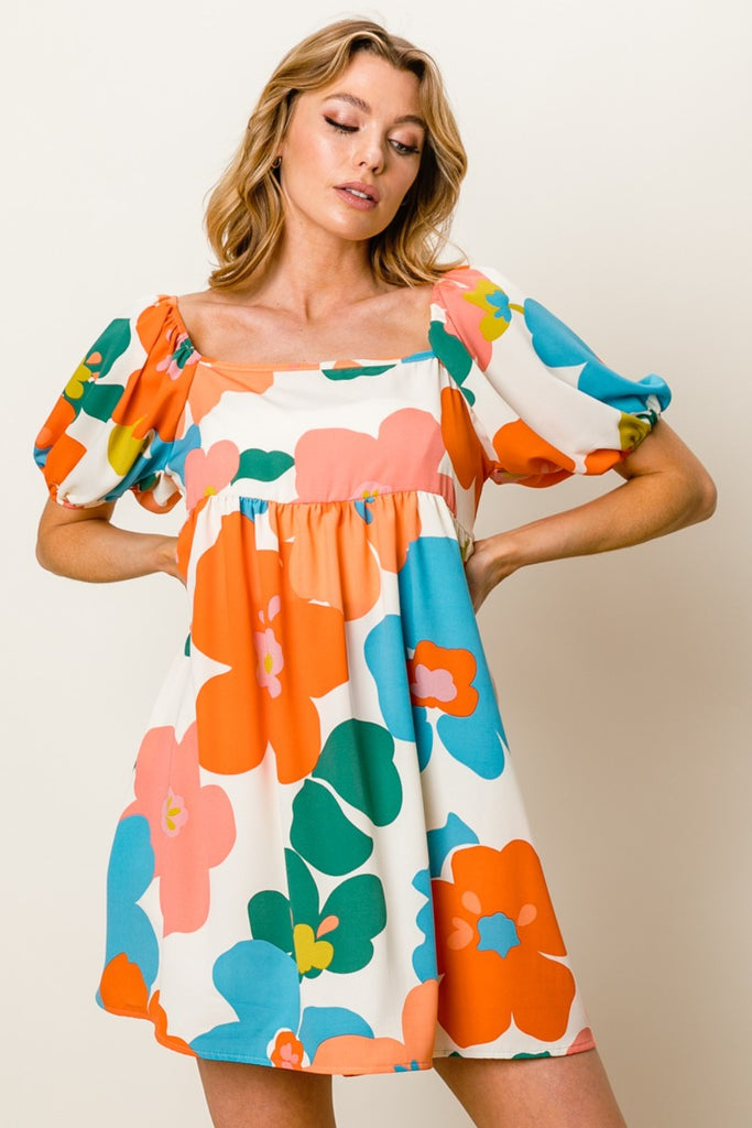 Bold Floral Puff Sleeve Mini Dress - House of Barvity