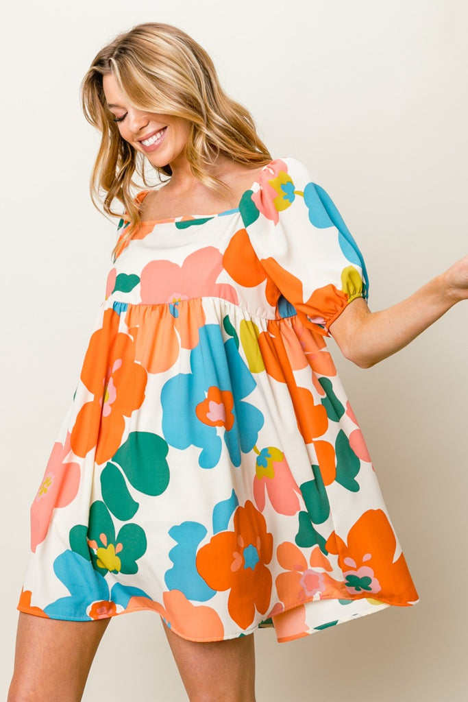 Bold Floral Puff Sleeve Mini Dress - House of Barvity