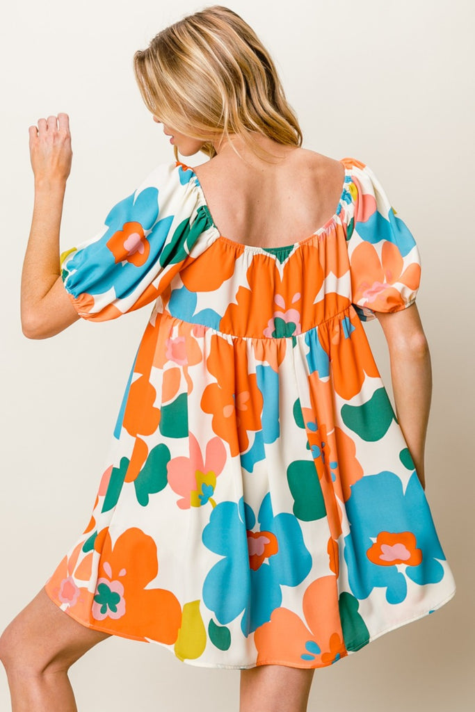 Bold Floral Puff Sleeve Mini Dress - House of Barvity