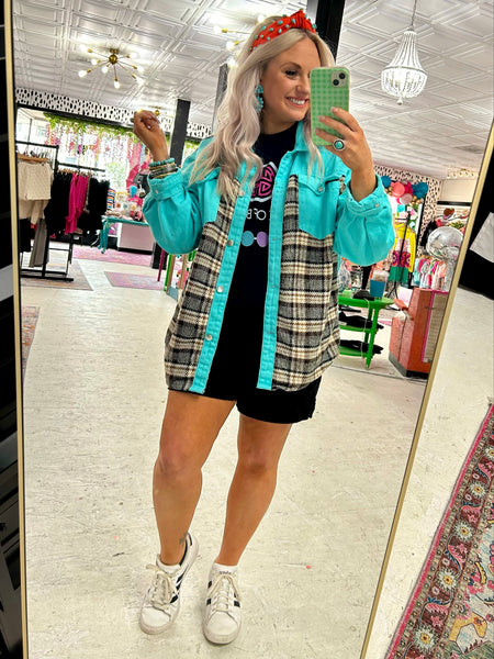 Turquoise Plaid Denim Jacket - House of Barvity