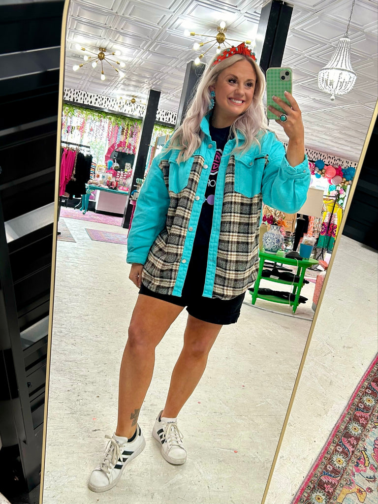 Turquoise Plaid Denim Jacket - House of Barvity