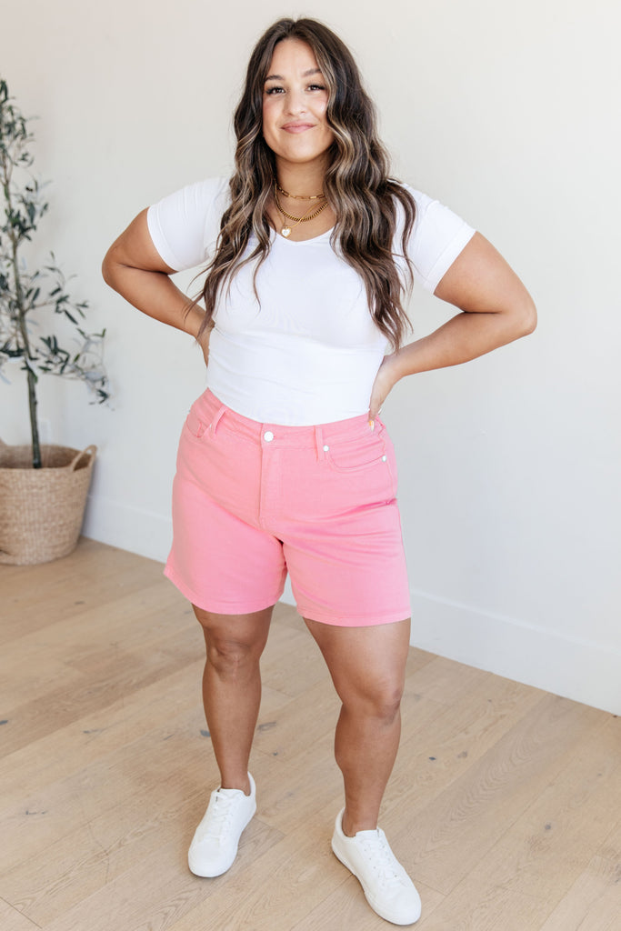 Jenna High Rise Control Top Cuffed Shorts in Pink - House of Barvity