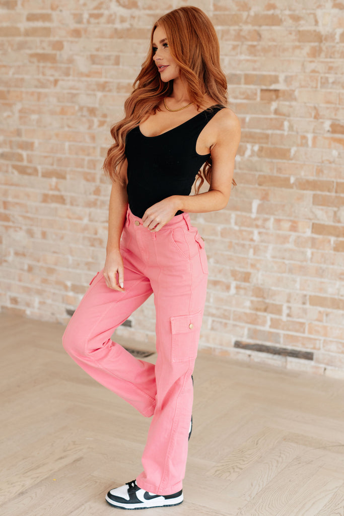 Peggy High Rise Cargo Straight Jeans in Pink - House of Barvity