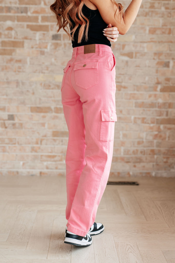 Peggy High Rise Cargo Straight Jeans in Pink - House of Barvity