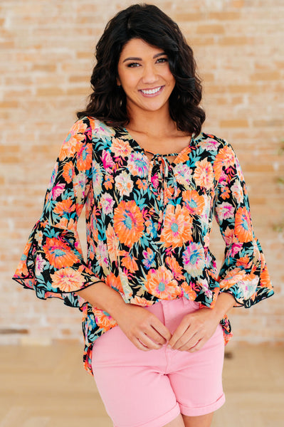 Willow Bell Sleeve Top in Black and Persimmon Floral - House of Barvity