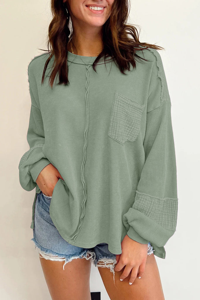 Waffle-Knit Exposed Seam Lantern Sleeve Blouse - House of Barvity