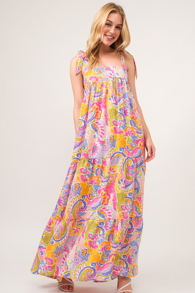 And The Why Full Size Printed Tie Shoulder Tiered Maxi Dress - House of Barvity