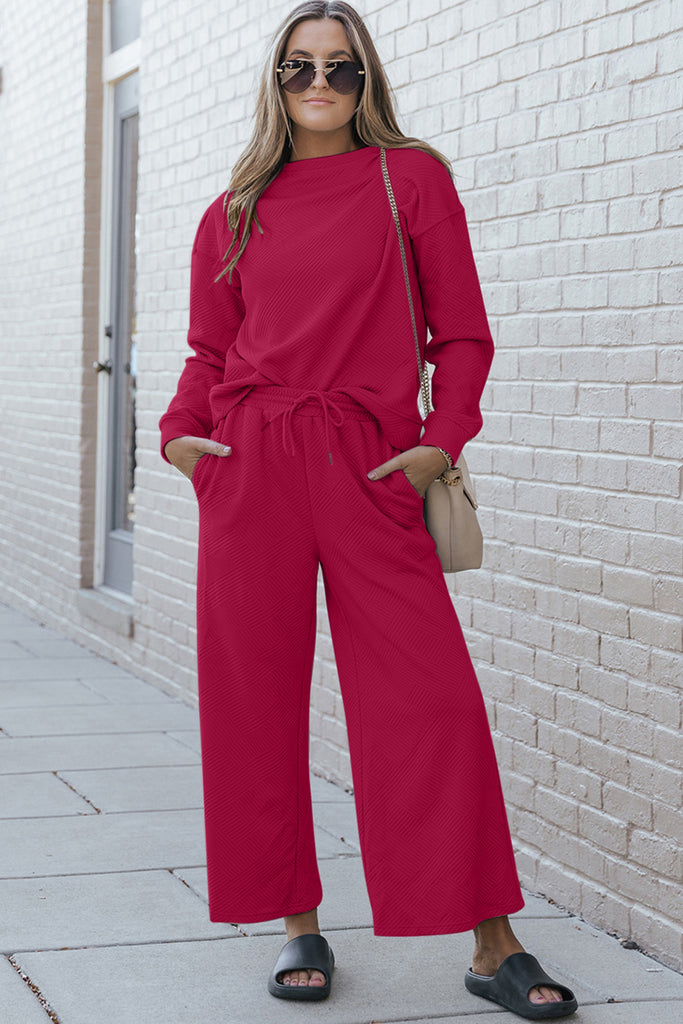 Double Take Full Size Textured Long Sleeve Top and Drawstring Pants Set - House of Barvity