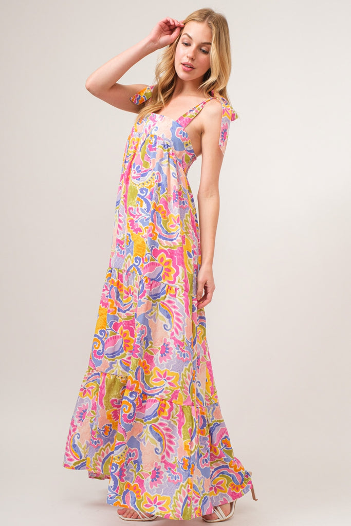 And The Why Full Size Printed Tie Shoulder Tiered Maxi Dress - House of Barvity