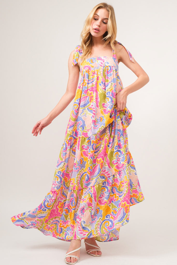 And The Why Full Size Printed Tie Shoulder Tiered Maxi Dress - House of Barvity