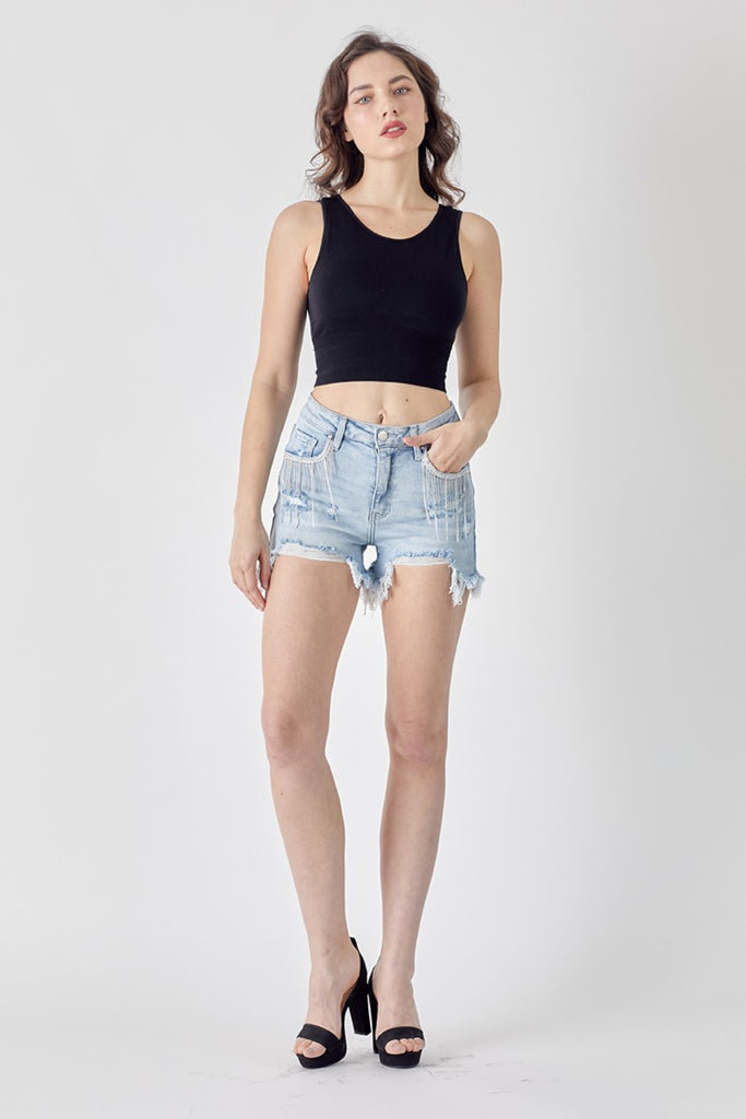 RISEN Frayed Hem Denim Shorts with Fringe Detail Pockets - House of Barvity