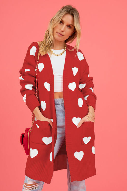 Heart Graphic Open Front Cardigan with Pockets - House of Barvity