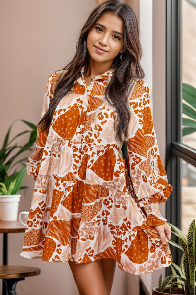 Printed Tiered Half Button Lantern Sleeve Mini Dress - House of Barvity