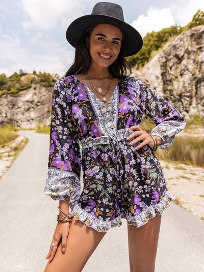 Printed Frill Half Button Balloon Sleeve Romper - House of Barvity