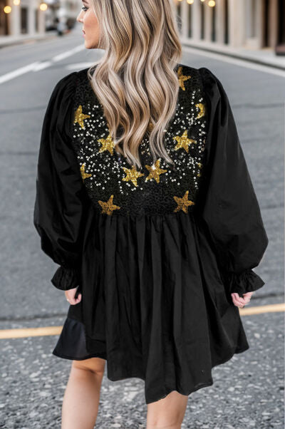 Star Sequin Round Neck Flounce Sleeve Mini Dress - House of Barvity