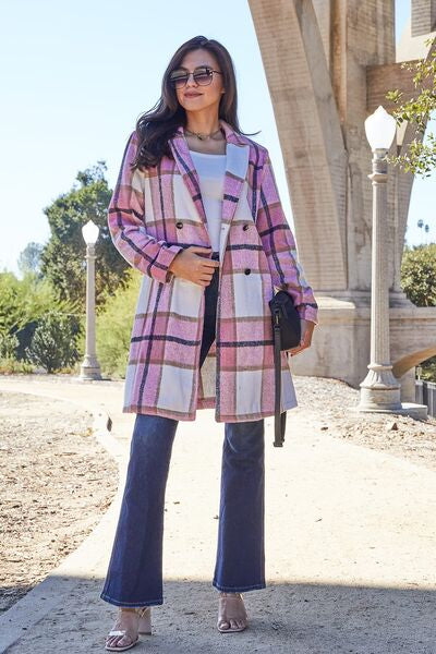 Double Take Full Size Plaid Button Up Lapel Collar Coat - House of Barvity