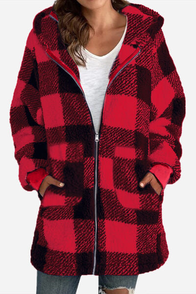 Double Take Full Size Plaid Long Sleeve Hooded Coat - House of Barvity