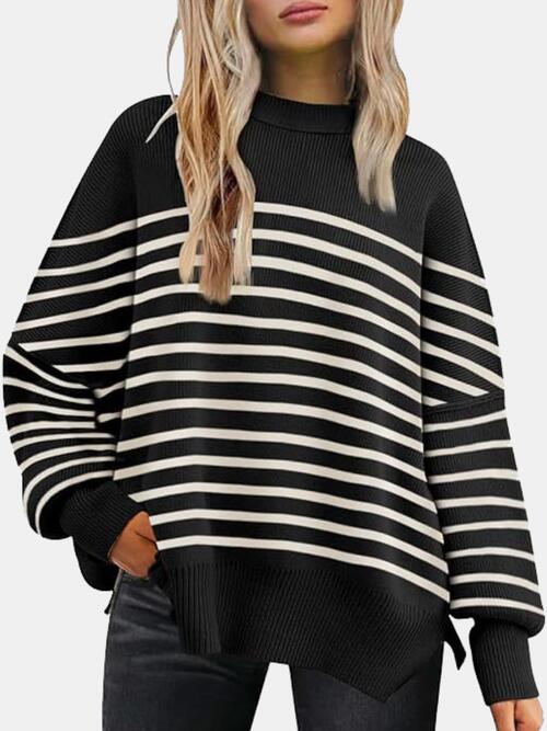 Round Neck Drop Shoulder Slit Sweater - House of Barvity