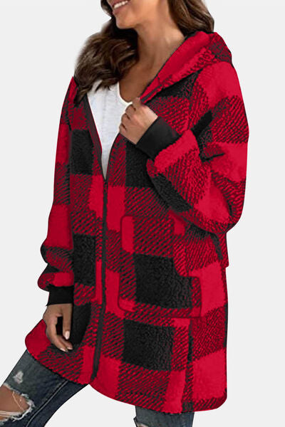 Double Take Full Size Plaid Long Sleeve Hooded Coat - House of Barvity