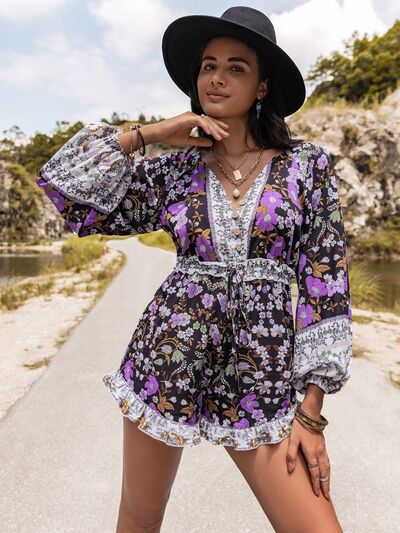 Printed Frill Half Button Balloon Sleeve Romper - House of Barvity