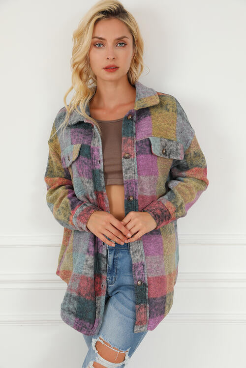 Plaid Collared Neck Button Front Jacket - House of Barvity