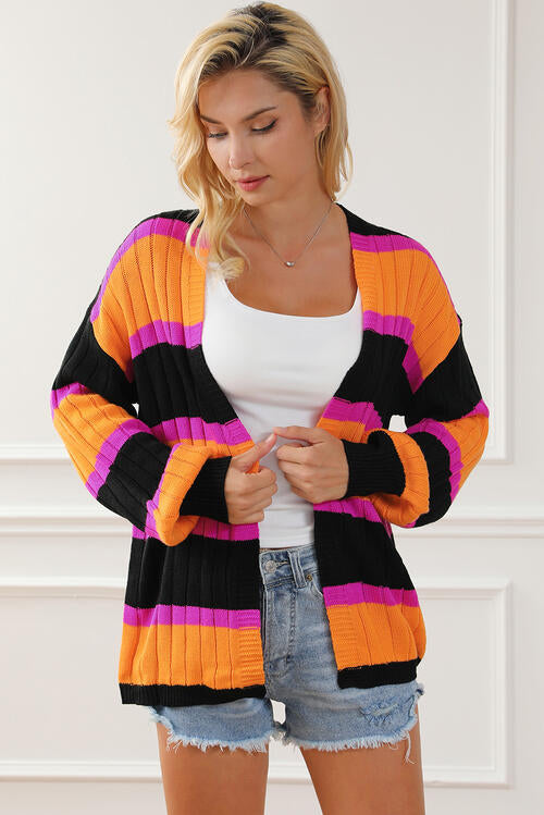 Ribbed Striped Open Front Long Sleeve Cardigan - House of Barvity