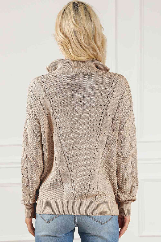 Cable-Knit Half Zip Long Sleeve Sweater - House of Barvity