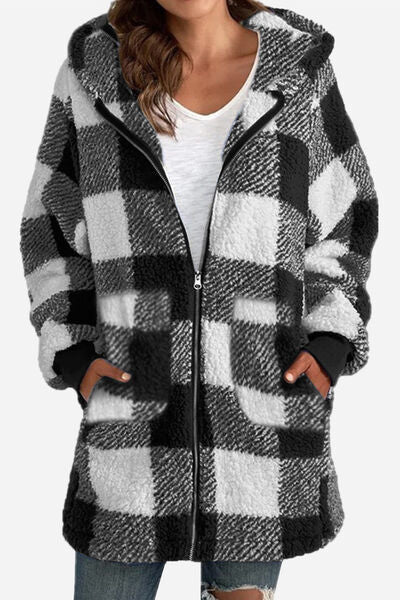 Double Take Full Size Plaid Long Sleeve Hooded Coat - House of Barvity