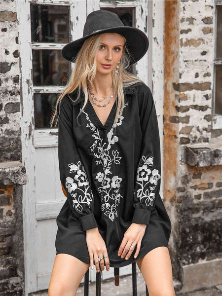 Floral Collared Neck Long Sleeve Dress - House of Barvity