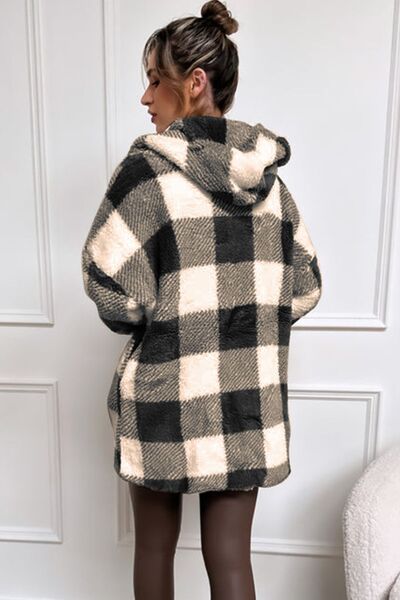 Double Take Full Size Plaid Long Sleeve Hooded Coat - House of Barvity