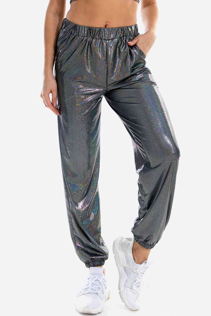 Glitter Elastic Waist Pants with Pockets - House of Barvity