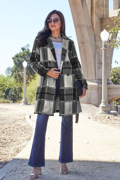 Double Take Full Size Plaid Button Up Lapel Collar Coat - House of Barvity