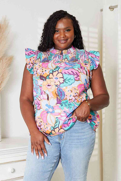 Double Take Floral Smocked Flutter Sleeve Top - House of Barvity