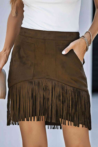 Fringe Detail Zip-Back Skirt with Pockets - House of Barvity