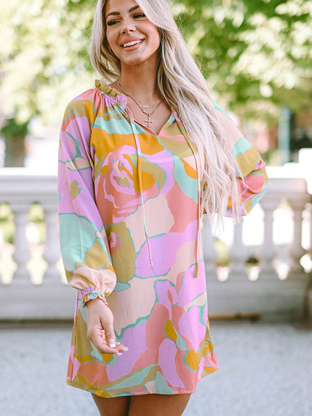 Printed Tie Neck Long Sleeve Dress - House of Barvity