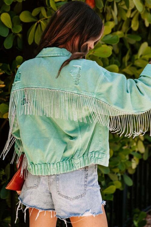 Fringed Chain Raw Hem Distressed Jacket - House of Barvity