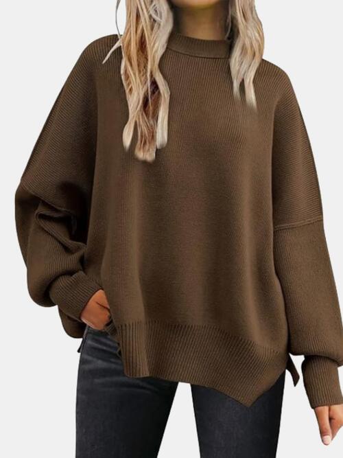 Round Neck Drop Shoulder Slit Sweater - House of Barvity