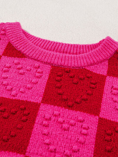 Plaid Heart Round Neck Sweater - House of Barvity