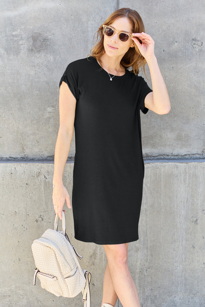 Basic Bae Full Size Round Neck Short Sleeve Dress with Pockets - House of Barvity