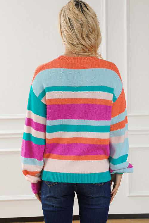 Striped Round Neck Long Sleeve Knit Top - House of Barvity