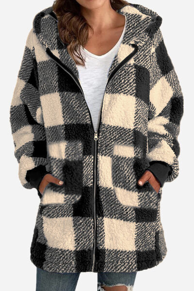 Double Take Full Size Plaid Long Sleeve Hooded Coat - House of Barvity