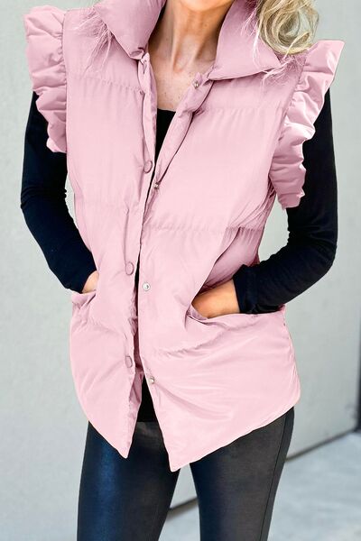 Ruffled Snap Down Mock Neck Vest Coat - House of Barvity