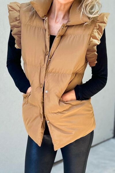 Ruffled Snap Down Mock Neck Vest Coat - House of Barvity