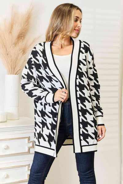 Woven Right Houndstooth Open Front Longline Cardigan - House of Barvity