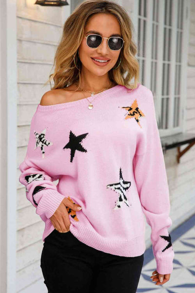 Star Pattern Round Neck Dropped Shoulder Sweater - House of Barvity